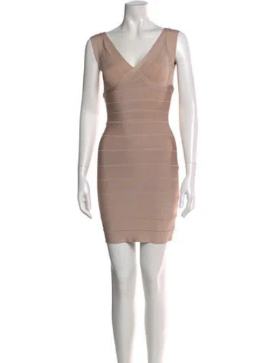 Pre-owned Herve Leger V-neck Mini Dress In Neutral