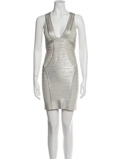 Pre-owned Herve Leger V-neck Mini Dress In Neutral