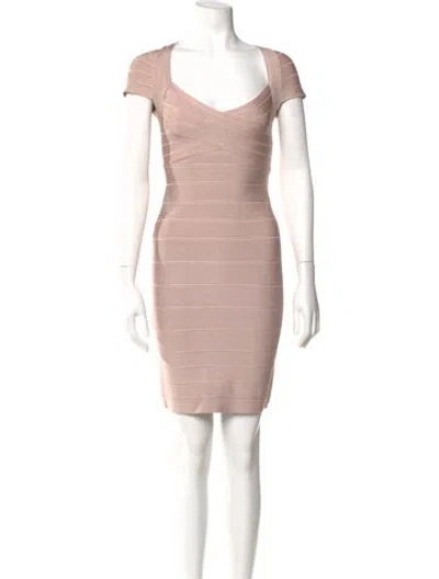 Pre-owned Herve Leger V-neck Mini Dress In Neutral