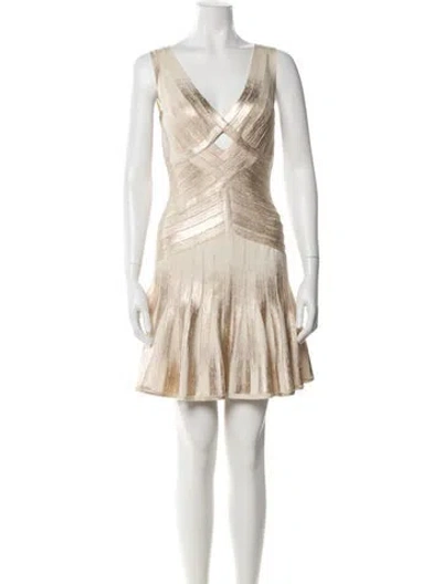 Pre-owned Herve Leger V-neck Mini Dress In Neutral