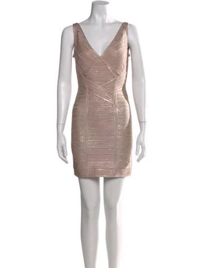 Pre-owned Herve Leger V-neck Mini Dress In Neutral