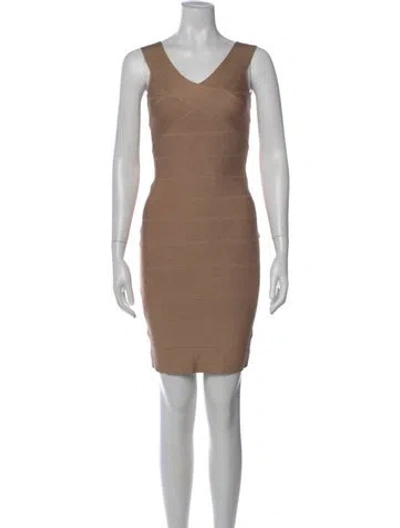 Pre-owned Herve Leger V-neck Mini Dress In Neutral