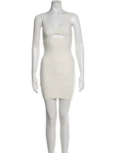Pre-owned Herve Leger V-neck Mini Dress In Neutral