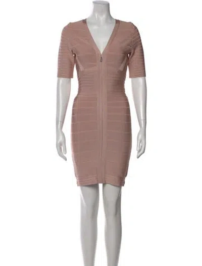 Pre-owned Herve Leger V-neck Mini Dress In Neutral
