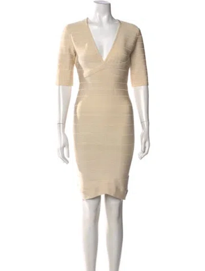 Pre-owned Herve Leger V-neck Mini Dress In Neutral