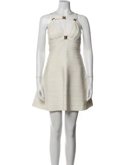 Pre-owned Herve Leger V-neck Mini Dress In Neutral