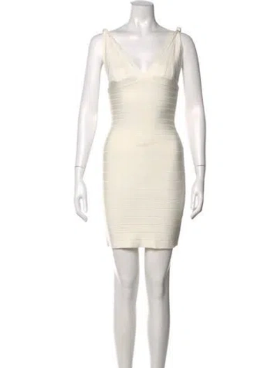 Pre-owned Herve Leger V-neck Mini Dress In Neutral