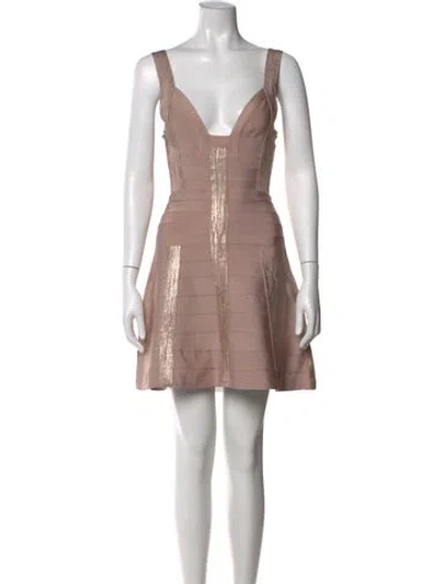 Pre-owned Herve Leger V-neck Mini Dress In Neutral