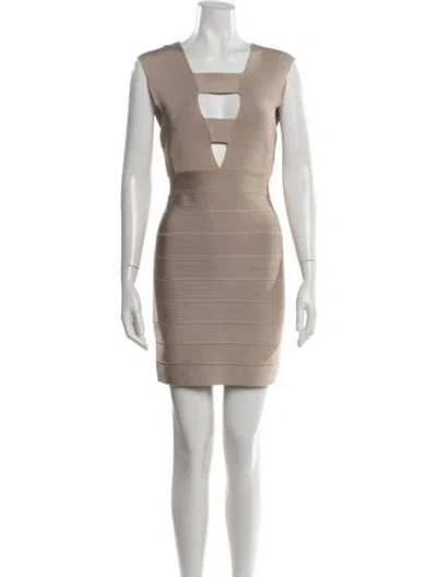 Pre-owned Herve Leger V-neck Mini Dress In Neutral