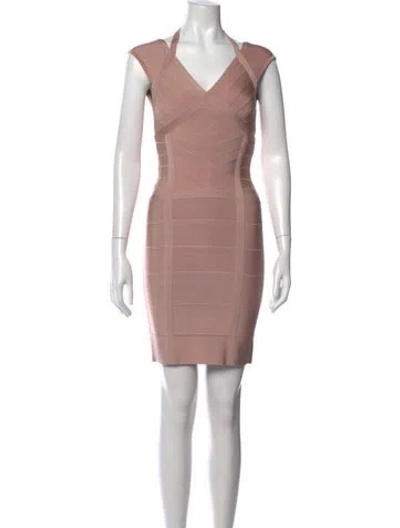 Pre-owned Herve Leger V-neck Mini Dress In Neutrals