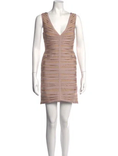 Pre-owned Herve Leger V-neck Mini Dress In Neutrals