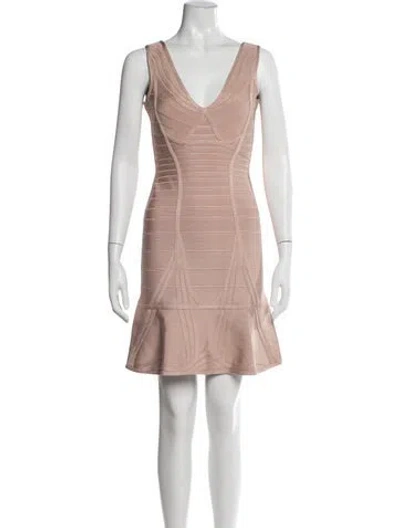Pre-owned Herve Leger V-neck Mini Dress In Neutrals