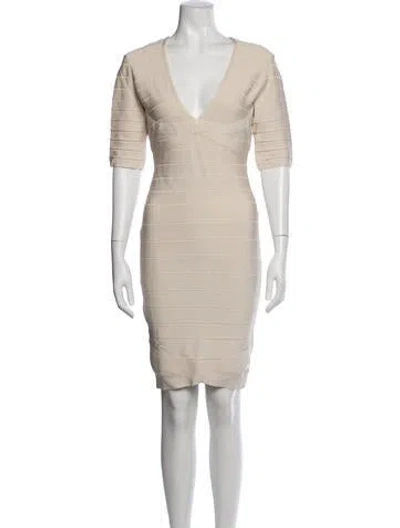 Pre-owned Herve Leger V-neck Mini Dress In Neutrals