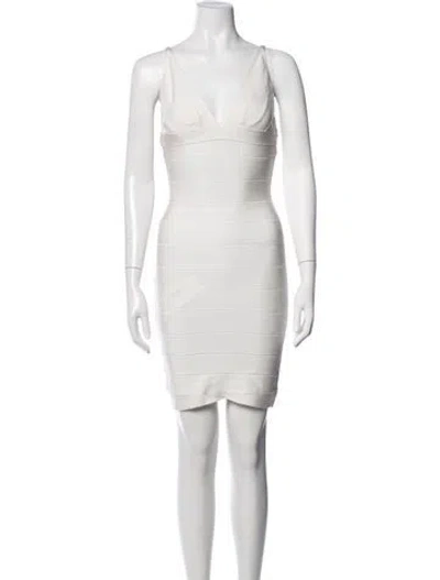 Pre-owned Herve Leger V-neck Mini Dress In Neutrals