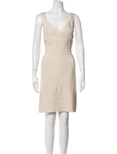 Pre-owned Herve Leger V-neck Mini Dress In Neutrals