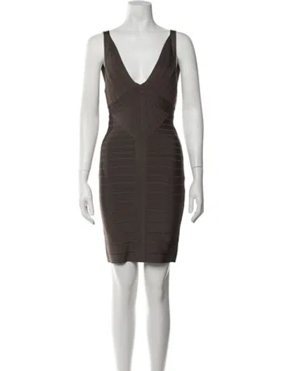 Pre-owned Herve Leger V-neck Mini Dress In Neutrals