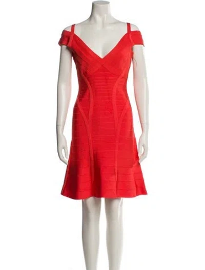 Pre-owned Herve Leger V-neck Mini Dress In Orange