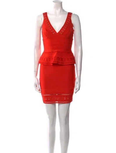 Pre-owned Herve Leger V-neck Mini Dress In Orange