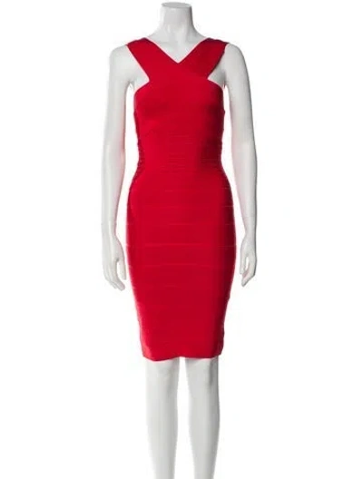 Pre-owned Herve Leger V-neck Mini Dress In Orange