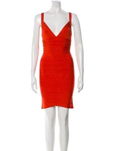 Pre-owned Herve Leger V-neck Mini Dress In Orange