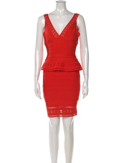 Pre-owned Herve Leger V-neck Mini Dress In Orange