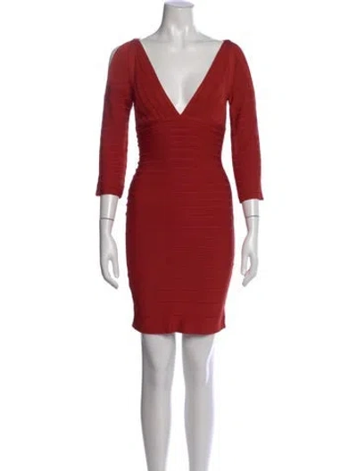 Pre-owned Herve Leger V-neck Mini Dress In Orange