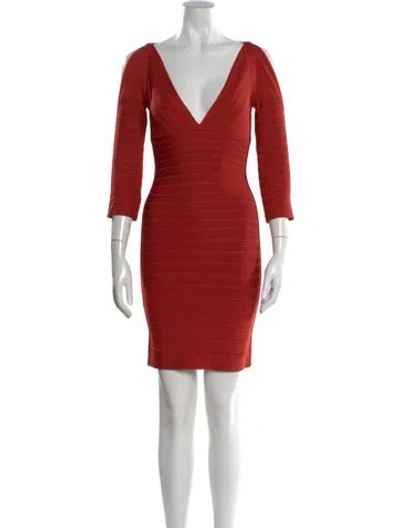 Pre-owned Herve Leger V-neck Mini Dress In Orange