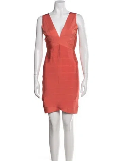 Pre-owned Herve Leger V-neck Mini Dress In Orange