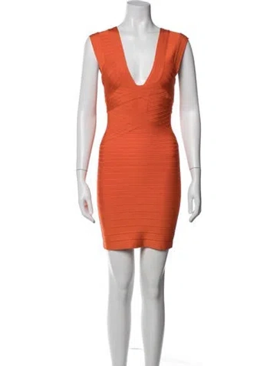 Pre-owned Herve Leger V-neck Mini Dress In Orange