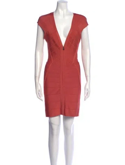 Pre-owned Herve Leger V-neck Mini Dress In Orange