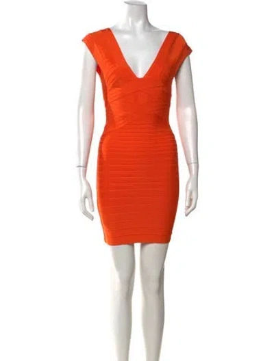 Pre-owned Herve Leger V-neck Mini Dress In Orange