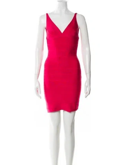 Pre-owned Herve Leger V-neck Mini Dress In Pink