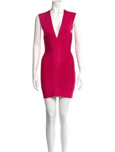 Pre-owned Herve Leger V-neck Mini Dress In Pink