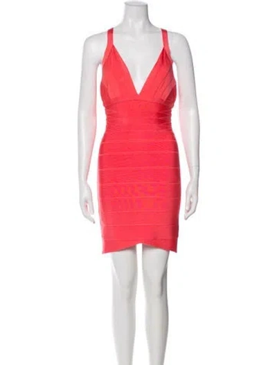 Pre-owned Herve Leger V-neck Mini Dress In Pink