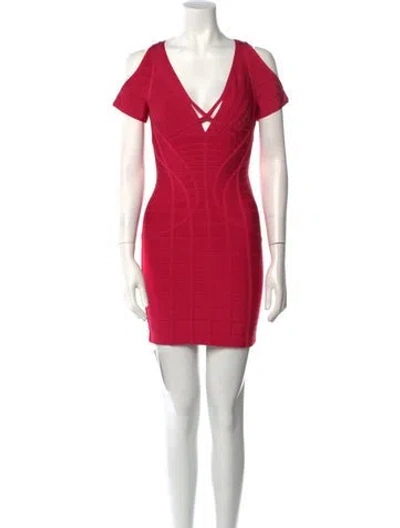 Pre-owned Herve Leger V-neck Mini Dress In Pink