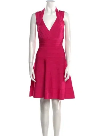 Pre-owned Herve Leger V-neck Mini Dress In Pink