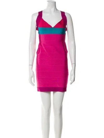 Pre-owned Herve Leger V-neck Mini Dress In Pink