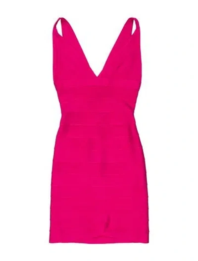 Pre-owned Herve Leger V-neck Mini Dress In Pink