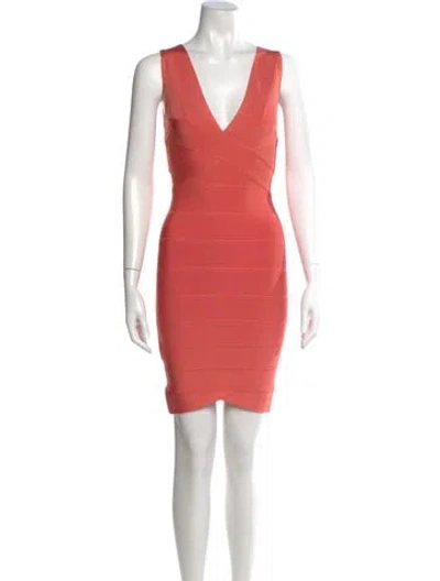 Pre-owned Herve Leger V-neck Mini Dress In Pink