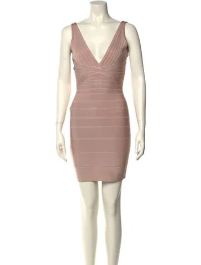 Pre-owned Herve Leger V-neck Mini Dress In Pink