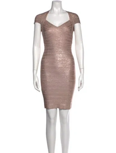 Pre-owned Herve Leger V-neck Mini Dress In Pink
