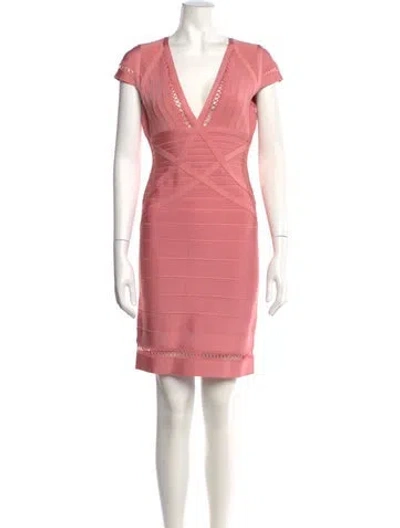 Pre-owned Herve Leger V-neck Mini Dress In Pink