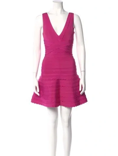 Pre-owned Herve Leger V-neck Mini Dress In Pink