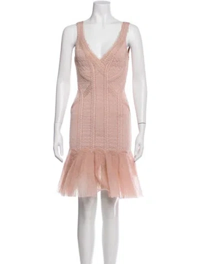Pre-owned Herve Leger V-neck Mini Dress In Pink