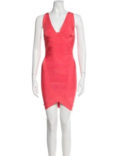 Pre-owned Herve Leger V-neck Mini Dress In Pink