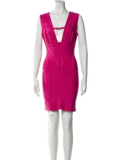 Pre-owned Herve Leger V-neck Mini Dress In Pink
