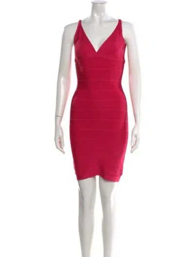 Pre-owned Herve Leger V-neck Mini Dress In Pink