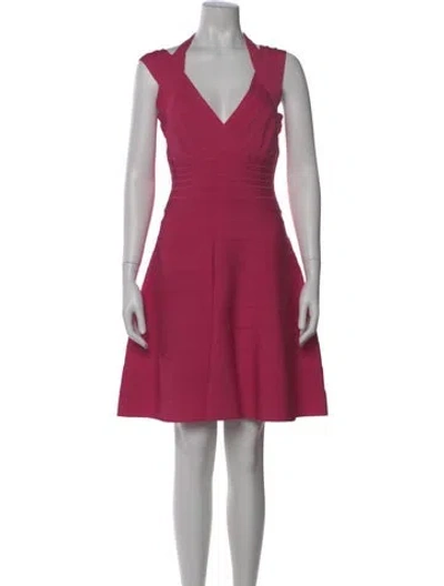 Pre-owned Herve Leger V-neck Mini Dress In Pink