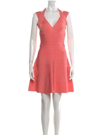 Pre-owned Herve Leger V-neck Mini Dress In Pink