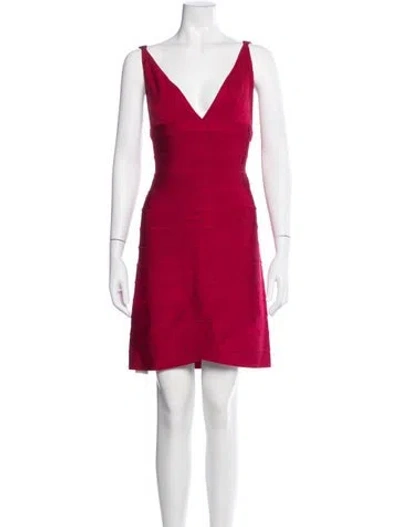 Pre-owned Herve Leger V-neck Mini Dress In Pink